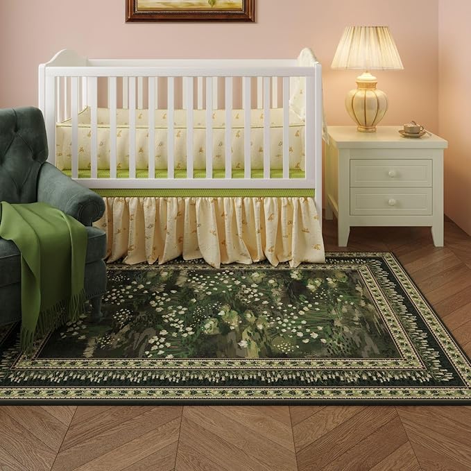 Rugcomf Area Rugs 8x10 Clearance Impressionist-Style Vintage Washable Area Rug Non Slip Low Pile Large Rug for Bedroom Farmhouse Dining Room Kids Playroom, Green