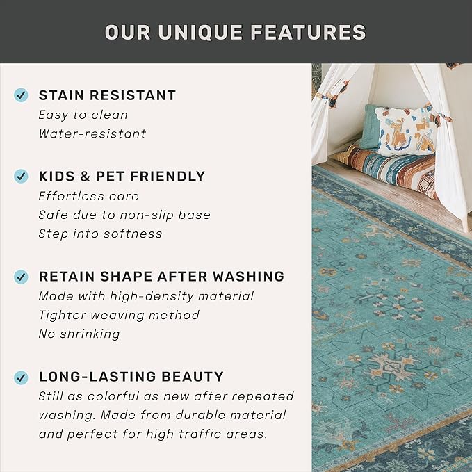 Boho 2x7 Long Non Slip Kitchen Rug Runner - Teal Washable Rug for Bathroom, Hallway, Door Mats Indoor Entrance,Non Slip with Rubber Backing, Vintage Floral Indoor Décor