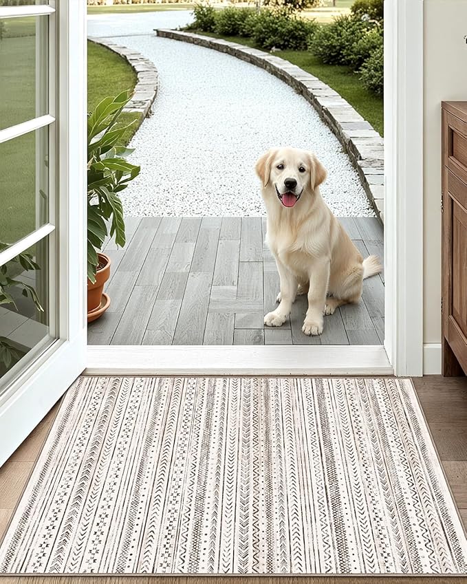 LUMI Ultra Thin Door Mat, 32x47 Non Slip Indoor Doormat Entrance Washable Rugs Entryway Oriental Vintage Soft Carpet for Kitchen Bedroom Front Door, White and Brown