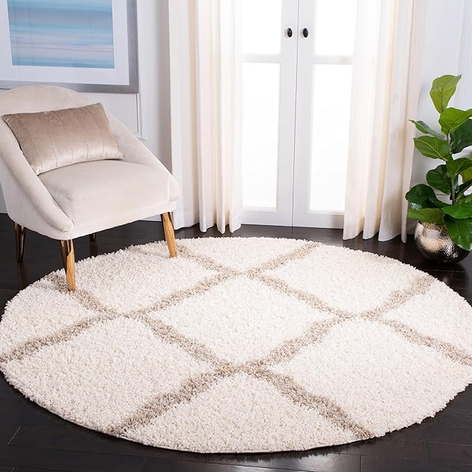 SAFAVIEH Dallas Shag Collection Area Rug - 10' Round, Ivory & Beige, Trellis Design, Non-Shedding & Easy Care, 1.5-inch Thick Ideal for High Traffic Areas in Living Room, Bedroom (SGD257B)