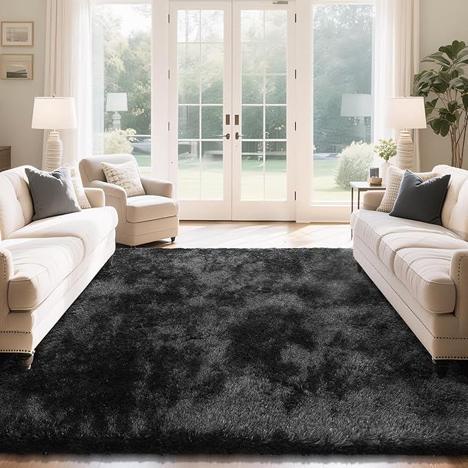 Fluffy Rug Shaggy Area Rug, Black 9x12 Area Rugs for Living Room, Large Shag Area Rugs for Bedroom Kids Room Home Decor, Upgrade Anti-Skid Rectangular Fuzzy Rugs