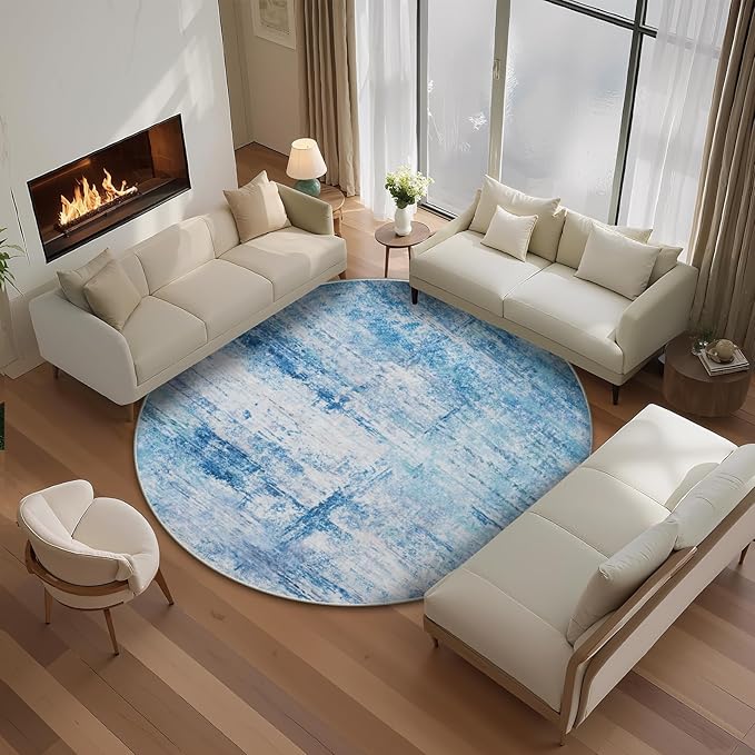 Round 8ft Area Rug Modern Abstract Washable Carpet for Living Room Bedroom Dining Room Home Office - Abstract Teal Grey