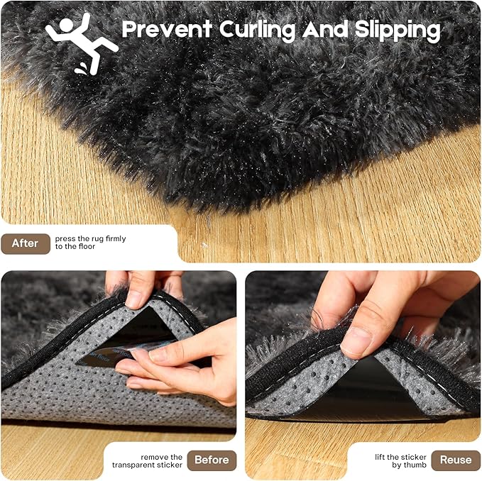 4x6 Rugs for Bedroom, Fluffy Small Area Rugs for Living Room, Soft Shag Fuzzy Carpet with 4 Non-Slip Stickers for Kids Boys and Girls Nursery Dorm Home Decor (Tie-Dyed Black Grey, 4ft x 6ft)