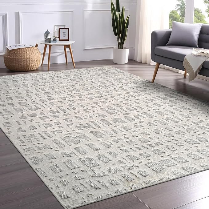 Beverly Rug Micro Loop Area Rug Gray/White 6x9 Abstract Modern Luxury Irregular Grid Durable Soft Indoor Rugs for Living Dining Room Office Stain Resistant Non Shedding Casual Indoor Carpet 6 x 9