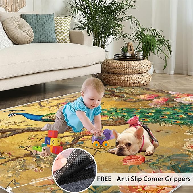 Peacock Peony Rugs for Bedroom - 2x3 Rug, Classic Peacock Peony Area Rugs for Living Room, Oriental Carpet, Floral Plant Washable Area Mat, Aesthetics Carpet - Peafowl Home Decor & Gifts