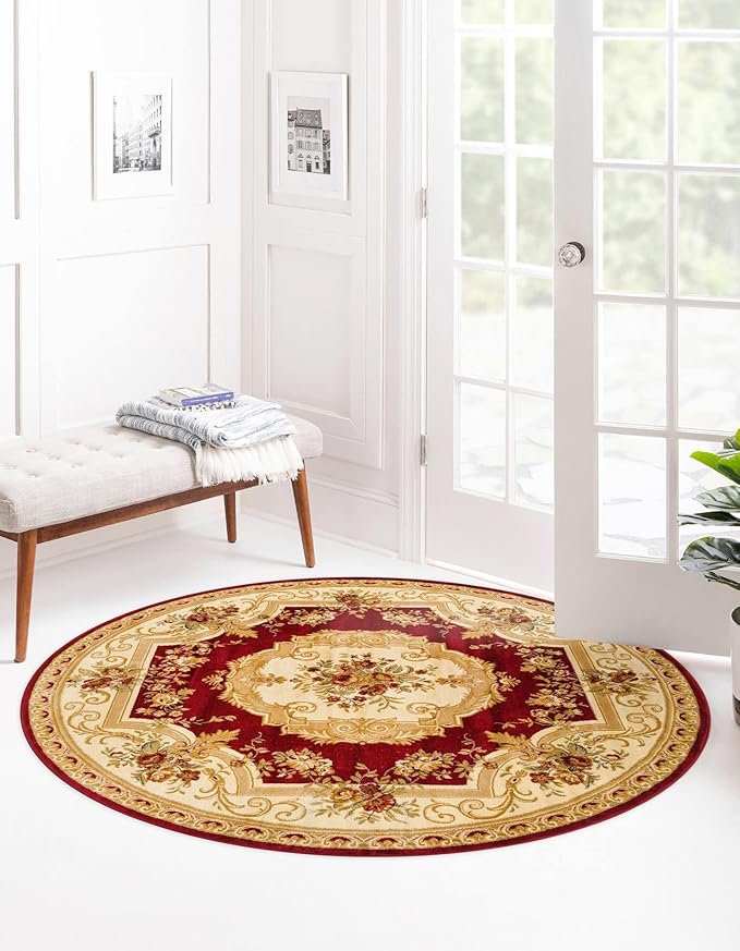 Rugs.com Chateau Collection Rug – 6 Ft Round Red Medium Rug Perfect for Kitchens, Dining Rooms