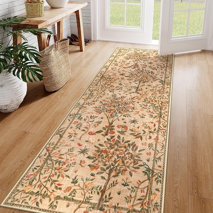 Morebes Boho Kitchen Runner 8 ft, Floral Halway Runner Rugs Non Silp Washable, Soft Low-Pile Flower Botanical Indoor Floor Throw Carpet for Entryway Bedside Bathroom, Brown