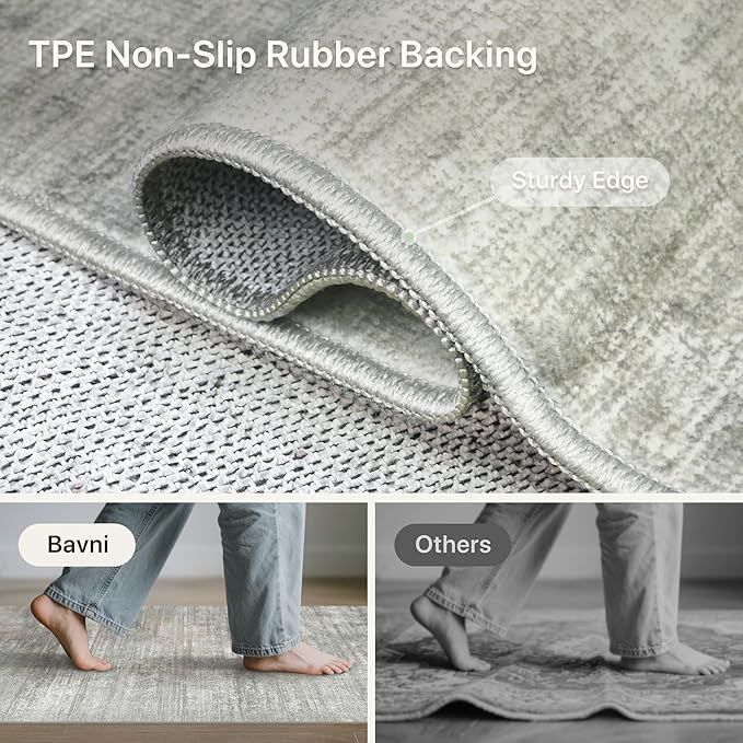 Bavni 5x7 Rug, Abstract Machine Washable Rug Non-Slip, Soft Modern Lightweight Area Rug, Stain Resistant Rugs for Living Room, Bedroom, Dining Room, White/Grey