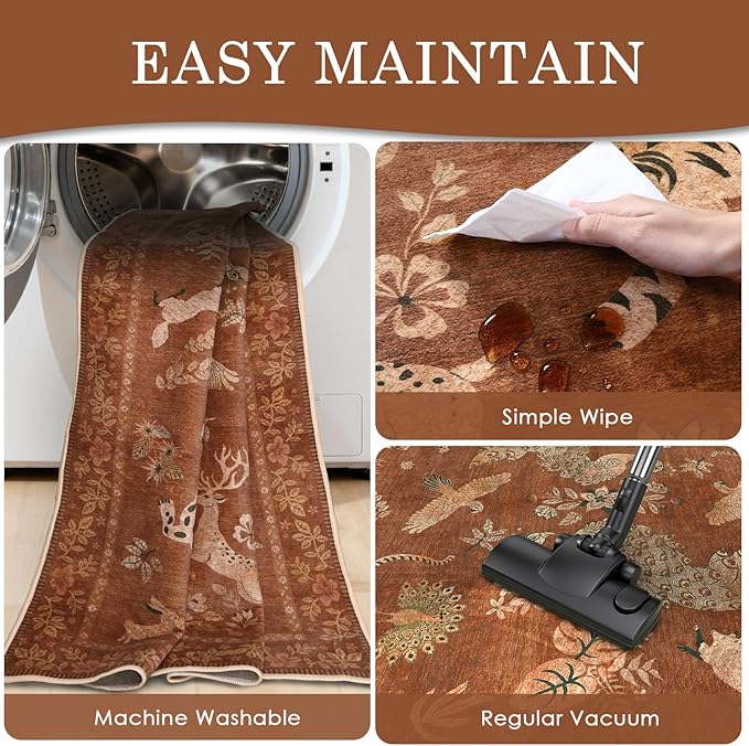 Moynesa Orange 5x7 Bedroom Rugs, Vintage Peacock Floral Washable Area Rugs for Living Room Dining Room Office Study, Low Pile Soft Non-Slip Water Repellent Carpets for Fall Winter Home Decor