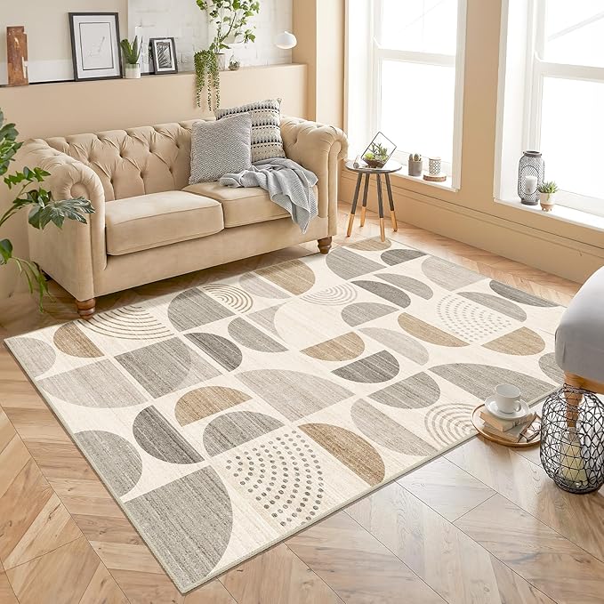 MUJOO Boho Rug Washable,4x6.5 Area Rugs for Bedroom Living Room Bedside Office,Throw Floor Carpet Non Slip Soft Indoor Modern Abstract Bohemian Neutral Beige