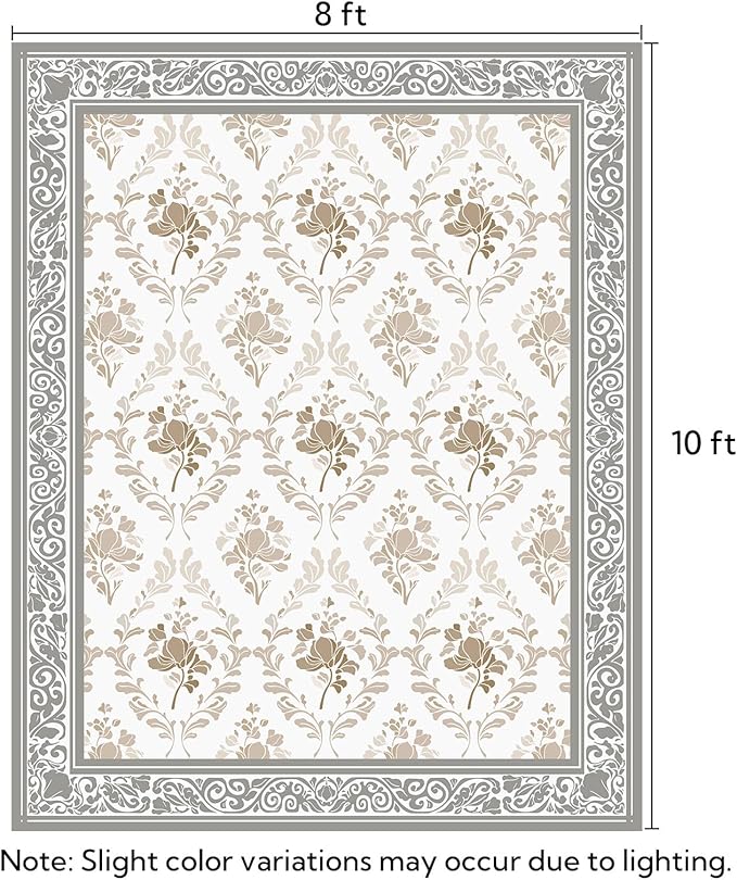 SOULFUL Medium Pile 8x10 Rugs for Living Room - Soft Underfoot Large Area Rug - Light Taupe Boho Floral - Washable Non-Slip - Perfect for Bedroom Kids Room Under Dining Table Office
