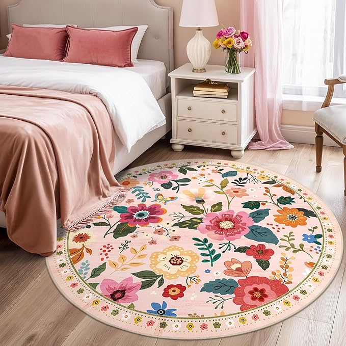 Floral 6ft Area Rug Machine Washable Soft Print Boho Carpet Non Slip Doormat Low Pile Flower Area Rugs for Living Room Bedroom Nursery Kitchen Dining Room Indoor-Pink