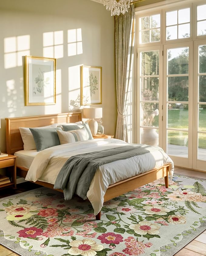 Floral Bedroom Rug - 4x6 Washable Area Rugs Non-Slip Soft Low-Pile Stain Resistant Carpet Flower Print Vintage Indoor Rug forLiving Room Dining Room Office Nursery Room, Grey