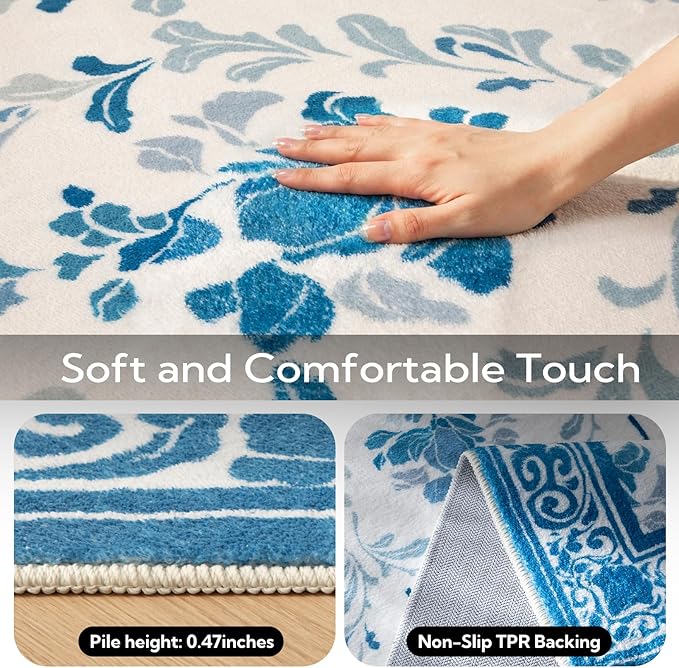 SOULFUL Medium Pile 4x6 Rugs for Living Room - Soft Underfoot Area Rug - Blue Boho Floral - Washable Non-Slip - Perfect for Bedroom Kids Room Under Dining Table Office