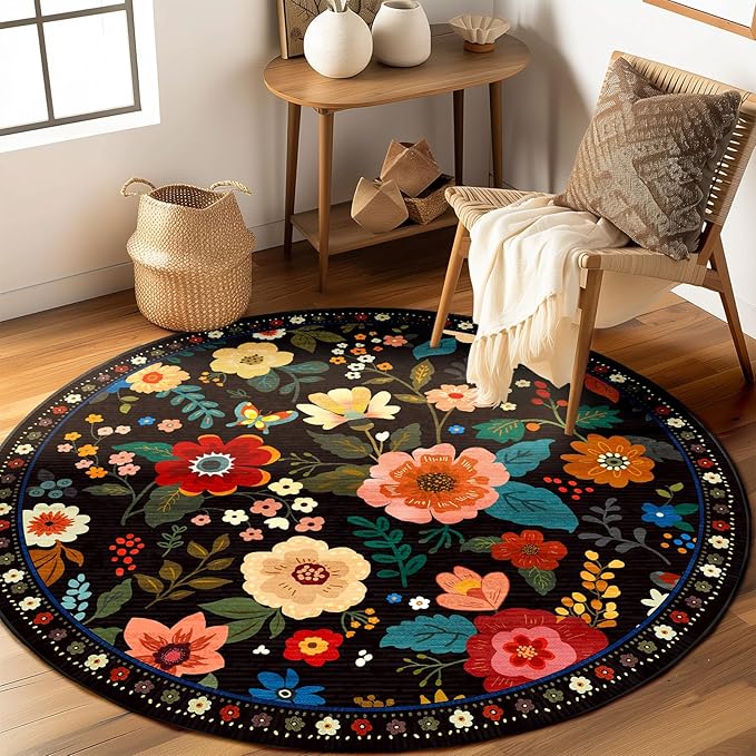 Floral 4ft Area Rug Machine Washable Soft Print Boho Carpet Non Slip Doormat Low Pile Flower Area Rugs for Living Room Bedroom Nursery Kitchen Dining Room Indoor-Black