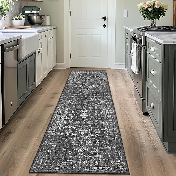 Washable Area Rug 2.6x8 Black Runner Rugs for Living Room, Vintage Boho Hallway Large Rug for Bedroom Dining Room Office, Distressed Floral Carpet for Under Table, Soft Non Slip Low Pile Throw Carpet