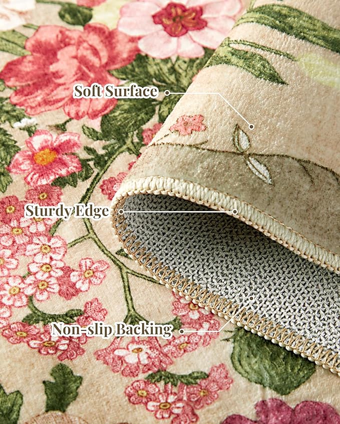 Floral Area Rug Living Room - 8x10 Washable Rugs Low Pile Non-Slip Soft Bedroom Rugs Under Bed Stain Resistant Accent Indoor Vintage Carpet for Dining Room Nursery Home Office Decor, Brown