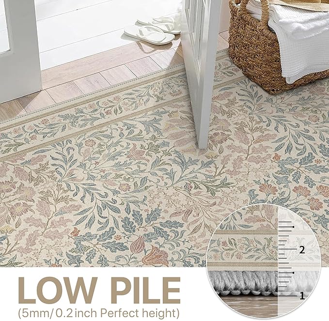 Bavni Floral Beige Pink Area Rugs 8x10, Vintage Boho Carpet Machine Washable, Non Slip Soft Low Pile Thin Rug for Bedroom, Living Room, Dining Room, Nursery