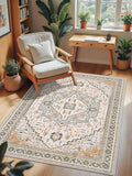 4x6 Grey Beige Area Rug for Living Room, Machine Washable Rugs with Non-Slip Backing for Bedroom, Vintage Medallion Carpet Kitchen Laundry Kids Room Decor