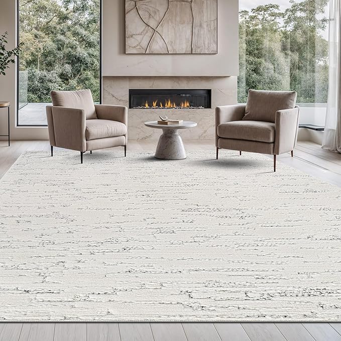 Beverly Rug Micro Loop Area Rug White/Gray 8x10 Abstract Modern Luxury Brushstroke Durable Soft Indoor Rugs for Living Dining Room Office Stain Resistant Non Shedding Casual Indoor Carpet 8 x 10