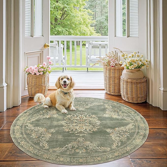 jinchan Round Rug 5ft Area Rugs Vintage Floral Distressed Design,Machine Washable Soft Non-Slip Low-Pile Ultra-Thin Circle Rug for Entryway Living Room Dining Room Bedroom (5' Round,Dark Green)