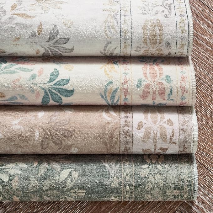jinchan Vintage Floral Runner Rug 2x6 - Machine Washable Distressed Design Non-Slip Low-Pile Soft Thin Carpet for Hallway Kitchen Farmhouse Bedroom Entryway Laundry Room (2x6ft, Apricot Multi)