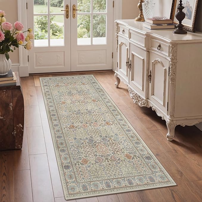 Bavni 2'6''x6 Rug Runners for Hallways, Washable Runner Rug Non Slip, Vintage Floral Print Style Rugs for Bedroom-Lightweight Low Pile Carpet for Hallways Bathroom, Earth Yellow