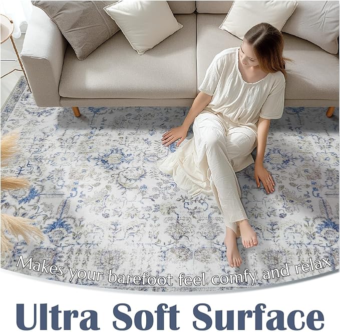jinchan Kalen Runner Rug 3x8 Washable Area Rug Soft Vintage Indoor Floor Cover Thin Retro Distressed Blue Multi Carpet Floral Print Country Non Slip for Bathroom Kitchen Bedroom Living Room
