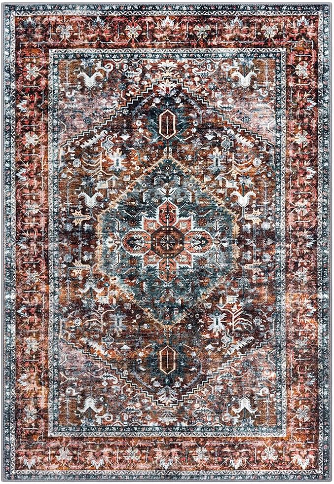 KOZYFLY Boho Area Rug 9x12 Ft Thin Rugs for Living Room Washable Bedroom Rug Non Slip Rugs Printed Faux Wool Vintage Bedroom Rug Floor Carpet for Dining Room Living Room, Brick Red/Orange/Green