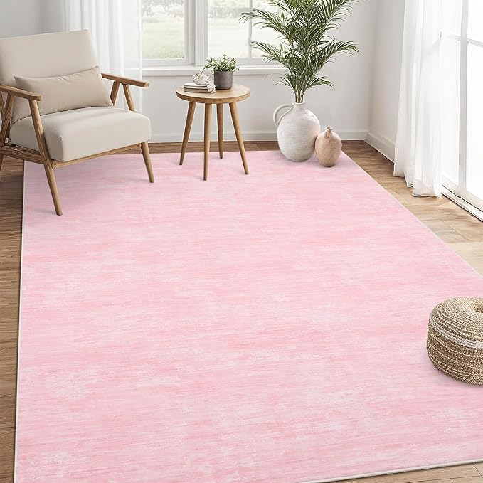 RUGSREAL Bedroom Area Rug 4x6 Modern Abstract Area Rug Stain Resistant Small Living Room Rug Contemporary Dining Room Rug Non-Slip Solid Rug Aesthetic Accent Floor Carpet for Kitchen Office, Pink
