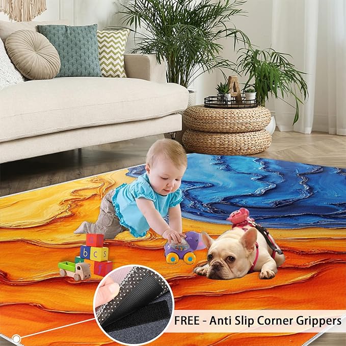 Navy Blue Rugs for Bedroom - 2x3 Area Rug - Abstract Blue Orange Rugs for Living Room, Modern Simple Art Rug, Washable Home Decor Carpet