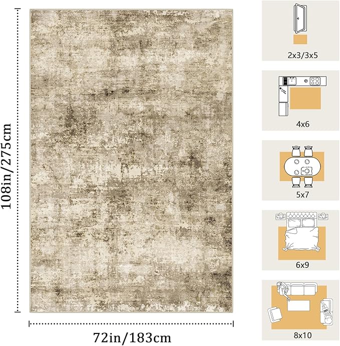 6x9 Machine Washable Area Rug for Living Room, Brown Modern Vintage Abstract Rug Large Non-Slip Low Pile Soft Faux Wool Carpet, Kids and Pets Friendly for Bedroom Dining Room Farmhouse Home Decor Rug