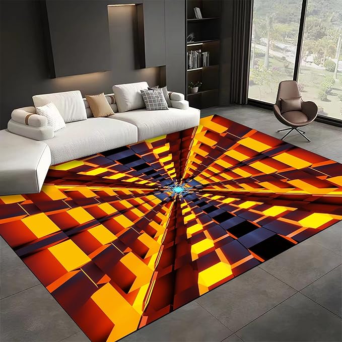 3D Abstract Grid Area Rug, 4x6ft, Visual Illusion Realistic Cave Indoor Carpets, Orange Three Dimensional Pattern Floor Mat, Easy Clean Breathable Washable Rugs for Indoor Family
