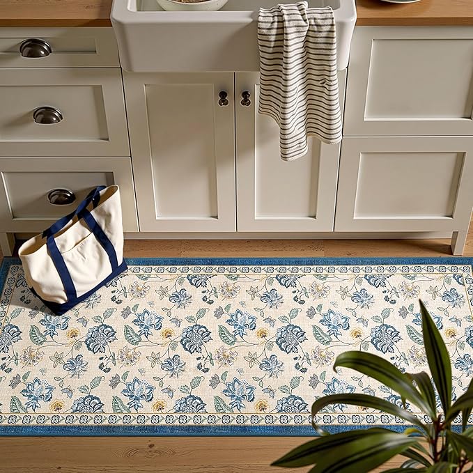 jinchan Elora 2x5 Floral Runner Rug for Hallway Washable Kitchen Runner Vintage Romance Design Non Slip Thin Indoor Floor Cover Low-Profile Throw Carpet for Entryway Bathroom Bedroom Porch, Blue/Beige