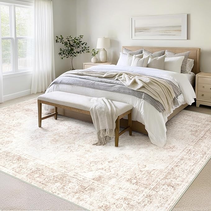 Vintage Living Room Area Rug - 8x10 Large Machine Washable Boho Moroccan Rug Distressed Farmhouse Rugs for Bedroom - Soft Non-Slip Indoor Carpet for Dining Room Office Nursery(Retro Beige, 8'x10')