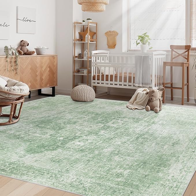 Area Rug 6x9 Washable Rug, Vintage Boho Medallion Rugs Non-Slip Soft Low Pile Large Distressed Rug Indoor Retro Carpet for Living Room Bedroom Dining Room Home Office (Sage Green, 6'x9')