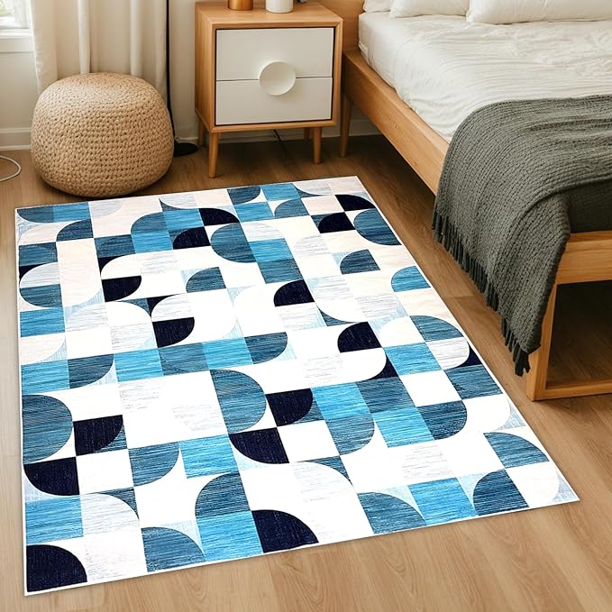 Modern Abstract Rugs Machine Washable, 4x6 Area Rugs for Bedroom Entryway Living Room Bedside Low-Pile, Boho Small Throw Floor Carpet Non Slip Soft Indoor Rug Ultra-Thin Navy Blue