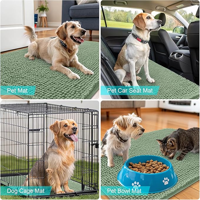 OLANLY Dog Door Mat for Muddy Paws 47x17, Absorbs Moisture and Dirt, Absorbent Non-Slip Washable Doormat, Quick Dry Chenille Mud Mat, Entry Indoor Entryway Carpet for Inside Floor, Olive Green