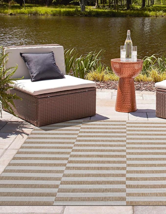Unique Loom Outdoor Striped Collection Area Rug - Striped (10' Square Taupe/Ivory)