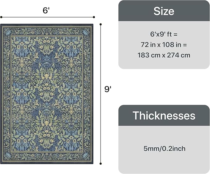 Bavni Floral Dark Blue Area Rugs 6x9, Vintage Boho Carpet Machine Washable, Non Slip Soft Low Pile Thin Rug for Bedroom, Living Room, Dining Room, Nursery