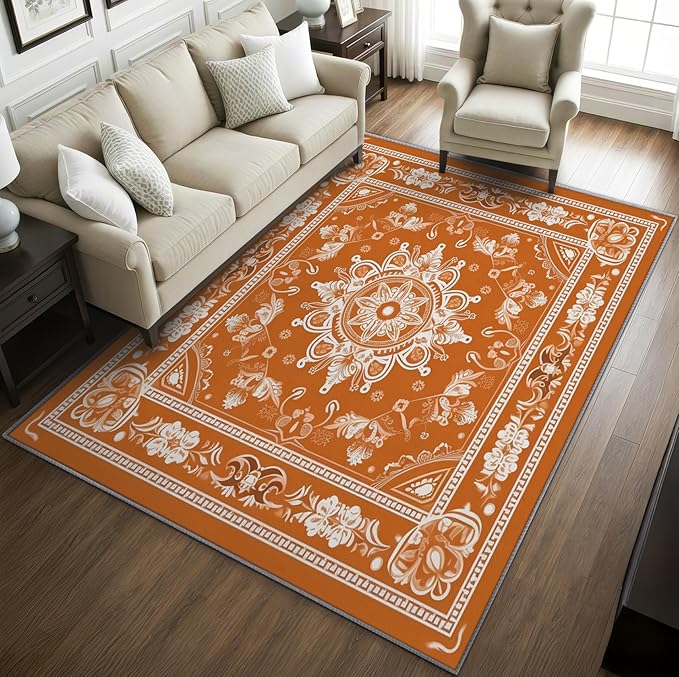 Mandala Rugs for Living Room - 5x7 Area Rugs, Vintage Floral Rug, Orange Mandala Rug for Living Room, Boho Medallion Washable Bedroom Carpet, Meditation Boho Ethnic Home Decor & Gifts