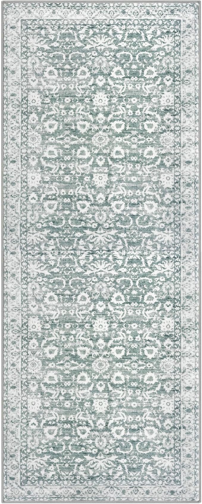 Vintage Floral 2x6 Runner Rug, Sage Green White Washable Kitchen Runner Rug Non-Slip Hallway Rug Runner Thin Printed Faux Wool Super Soft Carpet for Entryway Bedroom Laundry Room Indoor