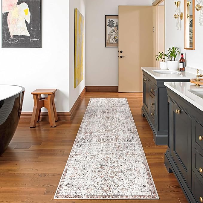 jinchan Kalen Runner Rug 2x10 Washable Hallway Rug Vintage Indoor Thin Retro Floor Cover Distressed Floral Country Lightweight Non Slip Carpet for Entryway Bathroom Bedroom Living Room Stairway Red
