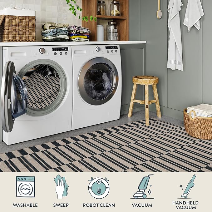 Lahome Striped Easy Jute Rug, 3x5 Outdoor Patio Porch Rug Washable Rugs for Entryway, Indoor Outdoor Living Room Carpets, Farmhouse Neutral Non Slip Black Carpet for Backyard Bedroom RV