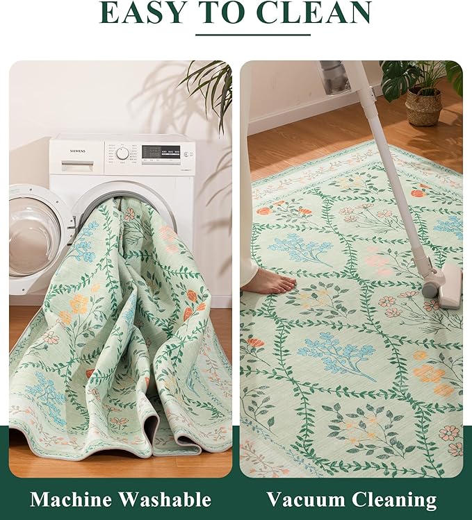 YIHOUSE Green Floral Print Rugs, Moroccan Trellis 9x12 Washable Large Rug, Modern Pastel Non Slip Ultra-Thin Area Rug for Classroom, Nursery Playroom,Dorm,Bedroom,Living Room, Green Multi