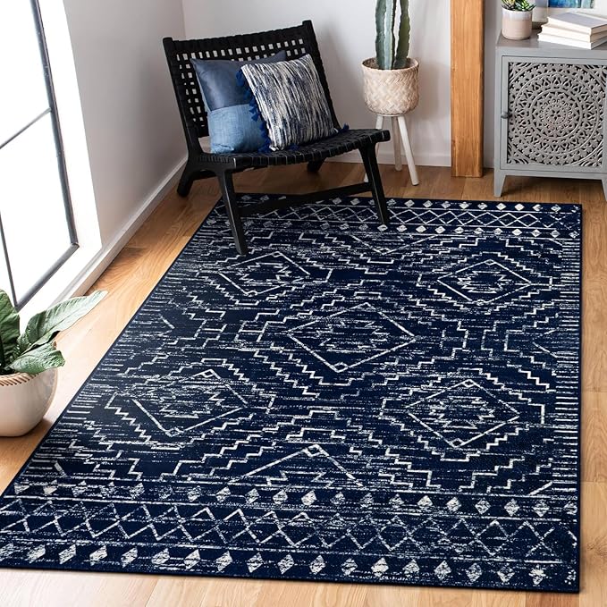 Wonnitar Moroccan Washable Rug 3x5, Blue Non-Slip Entryway Area Rug, Soft Farmhouse Bedroom Throw Mat, Geometric Low Pile Scandinavian Accent Carpet for Entry Kitchen Basement (Blue,3'x5')