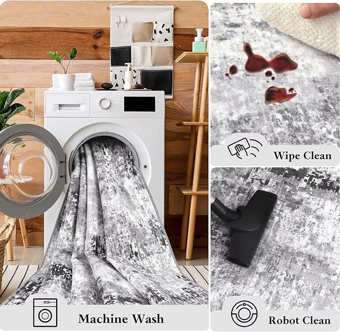 Washable Abstract Rug, 4x6 Modern Area Rugs with Non-Slip Rubber Backed for Living Room, Thin but Soft Contemporary Carpet Kitchen Bedroom Decor, Dark Grey