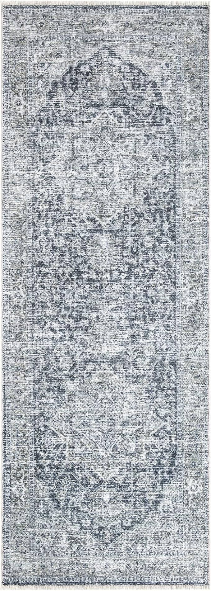 Bloom Rugs Caria Washable Non-Slip 12 ft Runner - Gray/Dark Blue Traditional Runner for Entryway, Hallway, Bathroom, and Kitchen - Exact Size: 2'6" x 12'