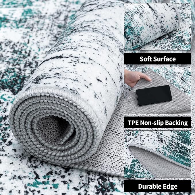 Ciicool Abstract Area Rug Indoor, 3x5 Washable Entryway Rug, Modern Throw Rug with Non-Slip Backing Ideal for Bedroom Living Room Entrance Kitchen, Non-Shedding Low-Pile Floor Carpet Doormat Turquoise
