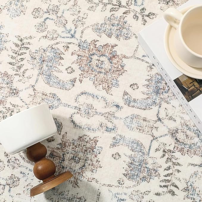 Taupe Area Rug 6x9 Machine Washable Vintage Living Room Distressed Non Slip Carpet Traditional Indoor Bedroom Retro Floral Accent Throw Large Rug for Office Kitchen Dining Room